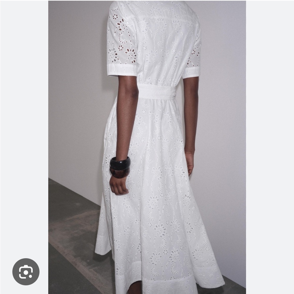 Zara NWT ZW Collection white embroidered belted midi dress short sleeve 8223/087 - Picture 3 of 8